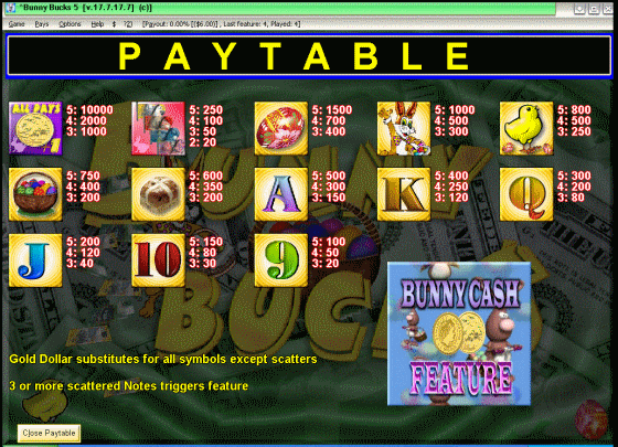 Screenshots of Bunny Bucks - PAYTABLE