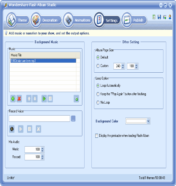 Setting Window of Wondershare Flash Album Studio