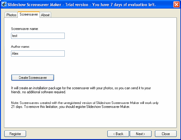 Screensaver page - Slideshow Screensaver Maker