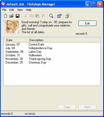 The Main Screen of Holidays Manager