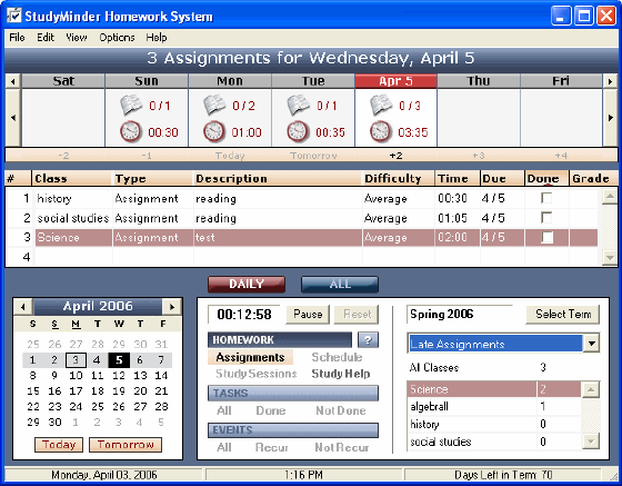 Main window - StudyMinder Homework System