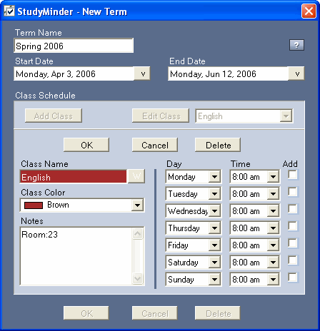 Class Schedule - StudyMinder Homework System