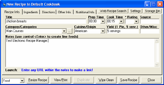 The add window of Electronic Recipe Manager