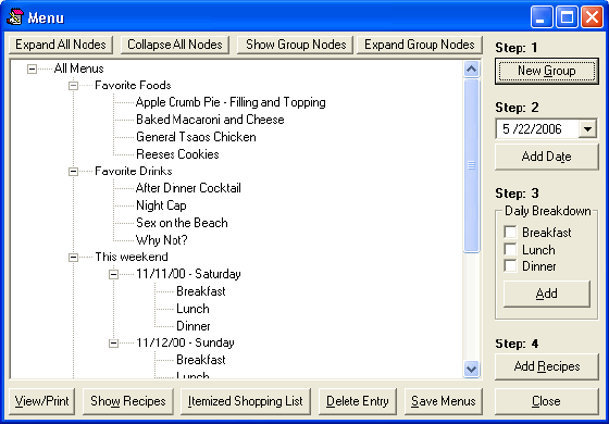 The Menu window of Electronic Recipe Manager