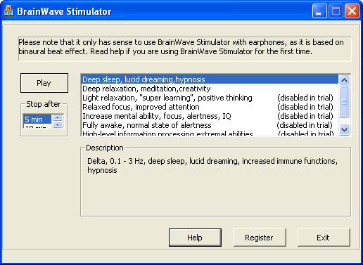 Main window - BrainWave Stimulator