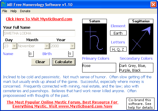 The Screenshot of MB Free Numerology Software