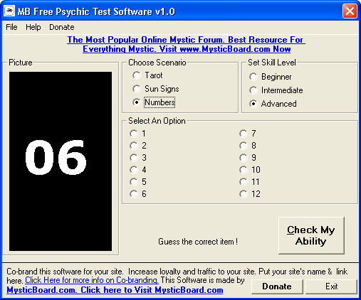 The Number Card of MB Free Psychic Test Software
