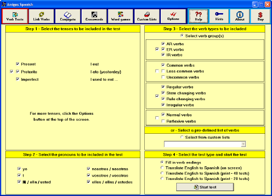 The test window of Amigos Spanish