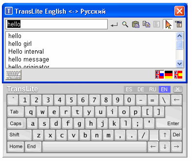 Control window of TransLite Russian-English Dictionary