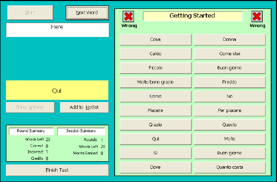 The Test Screen of WordBanker English-Italian