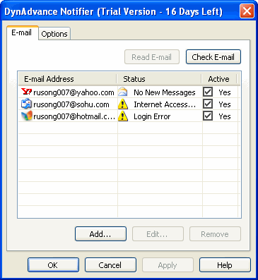 check email account - DynAdvance Notifier