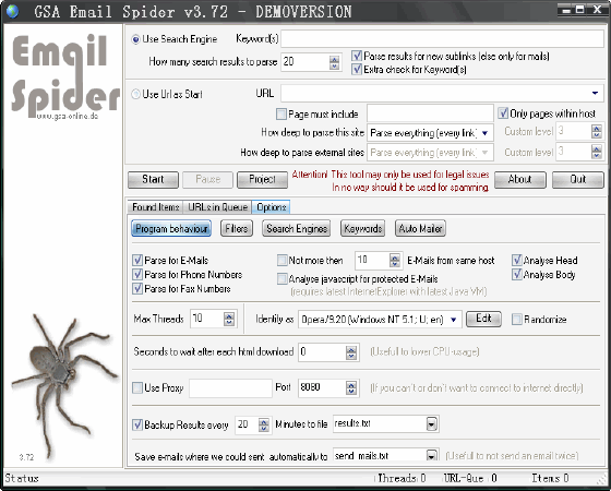The Screenshot of GSA EMail Spider