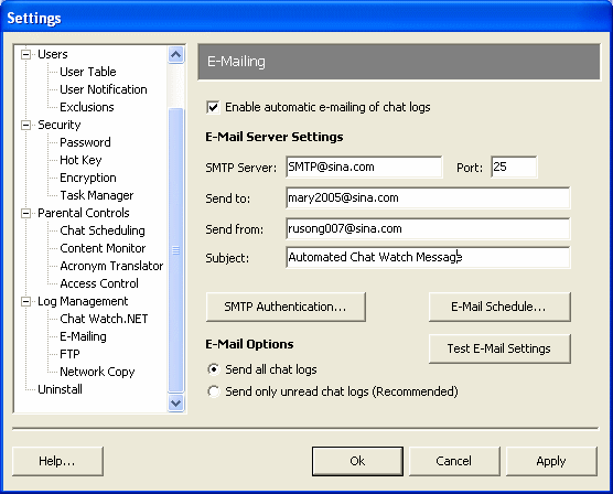 E-Mailing settings  of chat watch