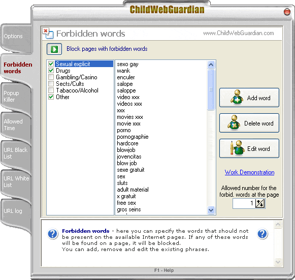 forbidden words settings - ChildWebGuardian