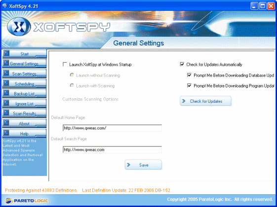 Screenshot of XoftSpy - General Settings