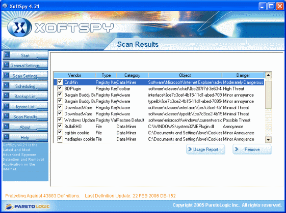 Screenshot of XoftSpy - Show Scan Results