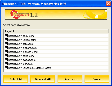 select web pages to restore