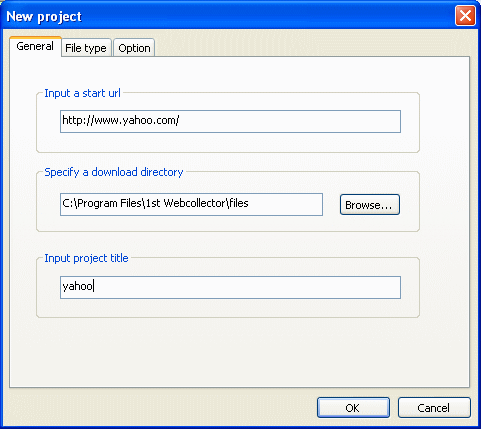 screenshot of 1st Webcollector - New project