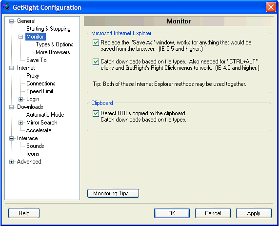 screenshot of GetRight - Configuration
