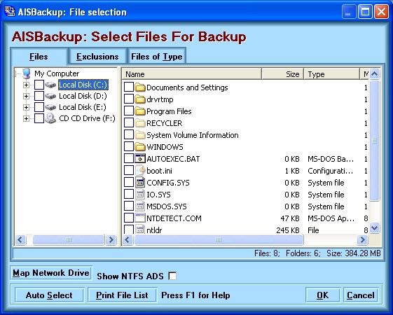 Select Files For Backup window of AISBackup
