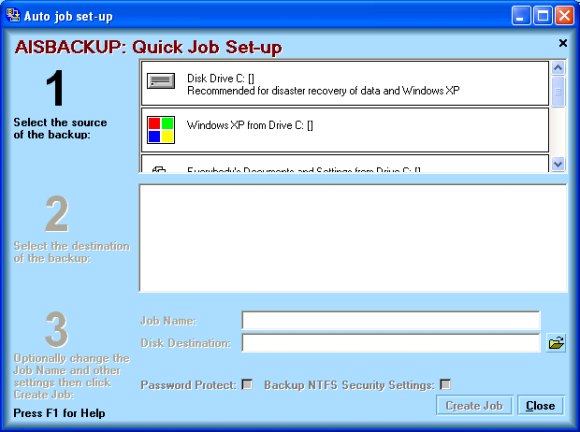 Auto Job Set-up window of AISBackup