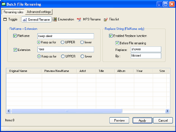 renaming rules and advanced settings