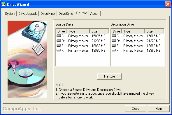 Restore Page - CompuApps DriveWizard