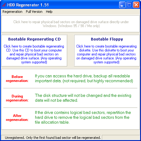 repair physical bad sectors - HDD Regenerator