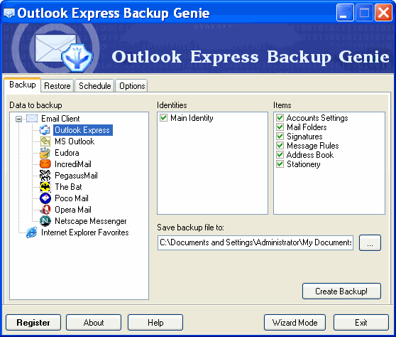 Backup - Outlook Express Backup Genie