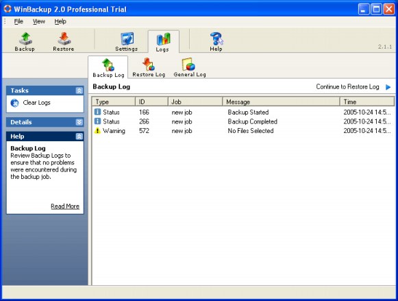 The logs window of WinBackup