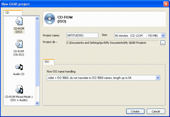 New GEAR project window of GEAR CD-RW