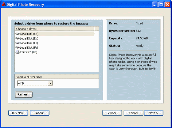 Screenshots - digital photo recovery