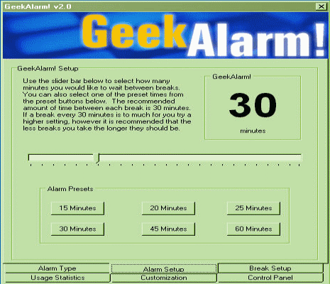 Screenshot of GeekAlarm - Alarm Setup