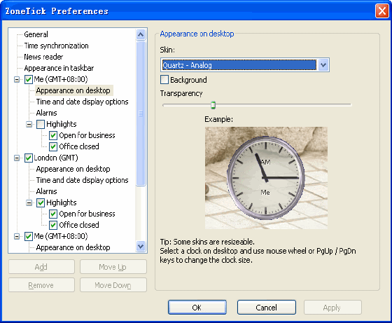 Option window of ZoneTick clock