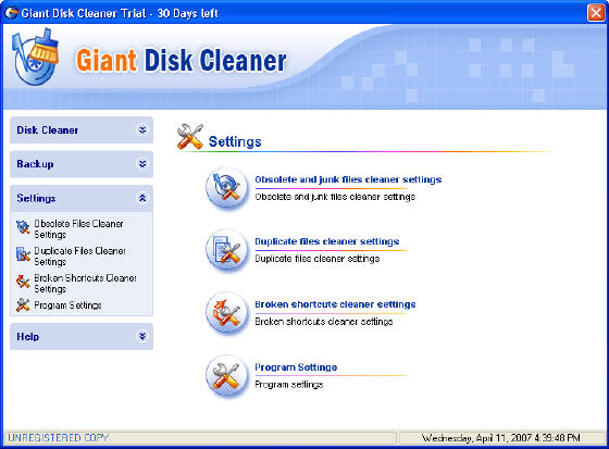 Giant Disk Cleaner - Setting Window