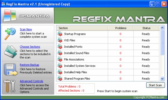 The Scan Now window of RegFix Mantra