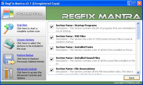 The Choose Sections window of RegFix Mantra