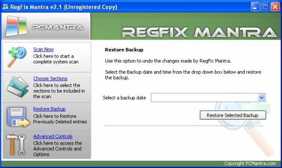 The Restore Backup window of RegFix Mantra