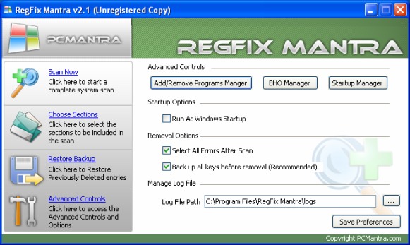The Advanced Control window of RegFix Mantra