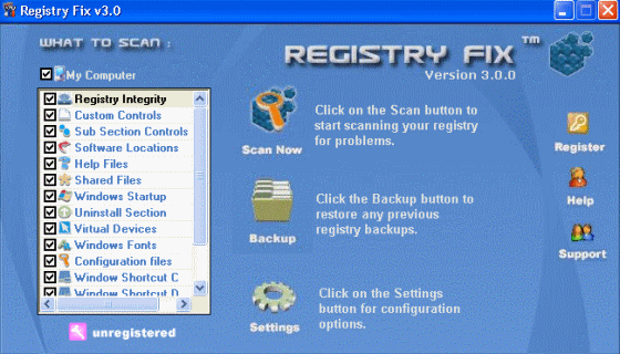Main window of Registry Fix