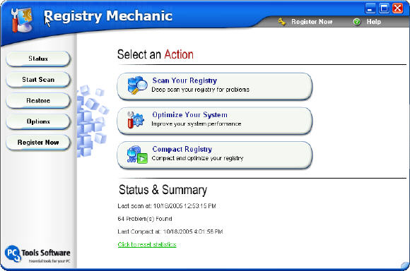 Main window of Registry Mechanic