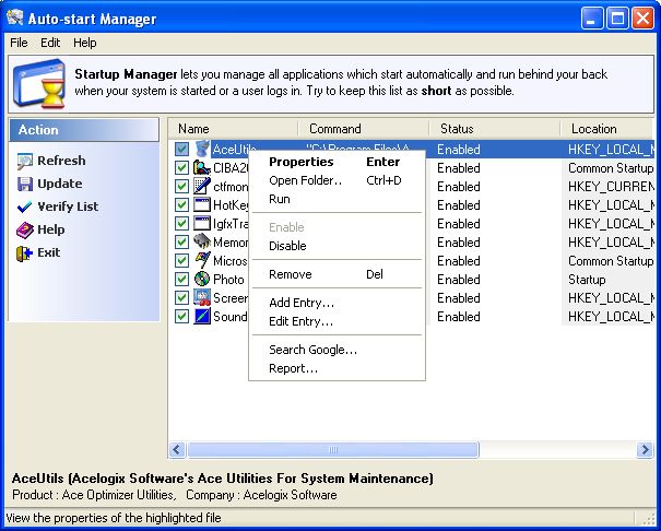 auto-start manager window of Ace Utilities