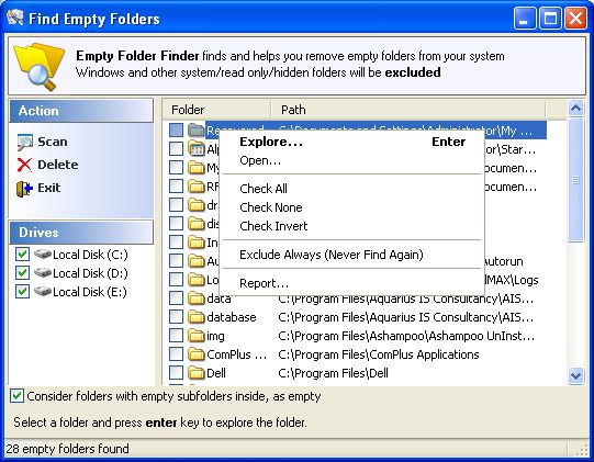 Find Empty Folders window of Ace Utilities