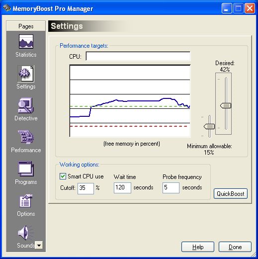 The Settings window of MemoryBoost