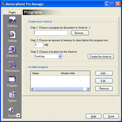 The Programs window of MemoryBoost