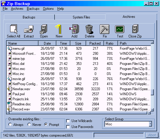 Archives window of Zip Backup