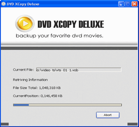 Cloning window of DVD XCopy Deluxe