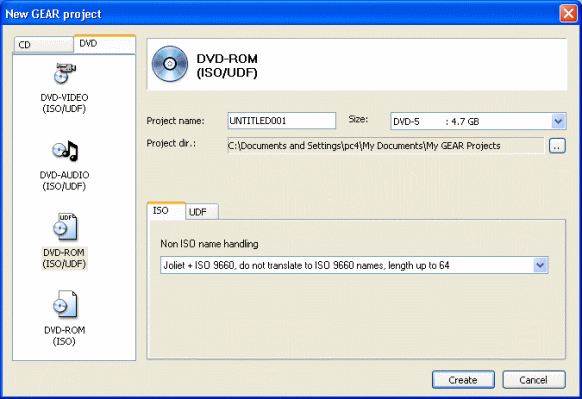 New GEAR project window of GEAR DVD