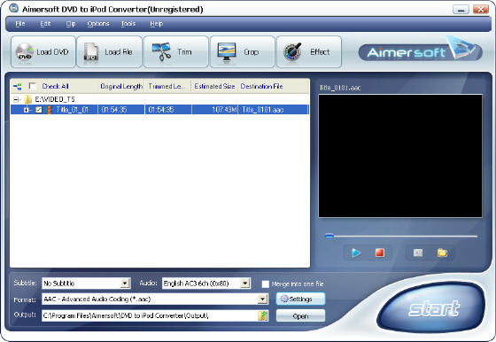 Aimersoft DVD to iPod Converter - Main window