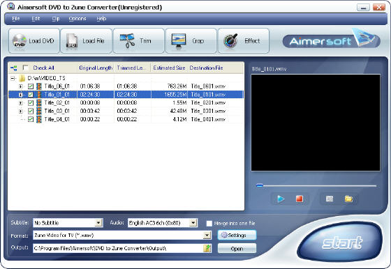 Aimersoft DVD to Zune Converter - Main window